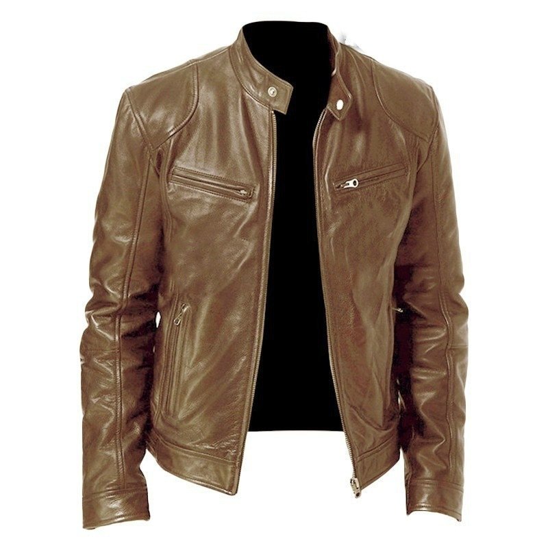 Men's Zip-up Cardigan PU Leather Jacket Fashion Pockets Stand Collar Short Tops Clothing - Image 6