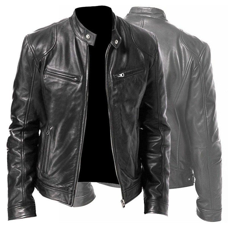 Men's Zip-up Cardigan PU Leather Jacket Fashion Pockets Stand Collar Short Tops Clothing - Image 3