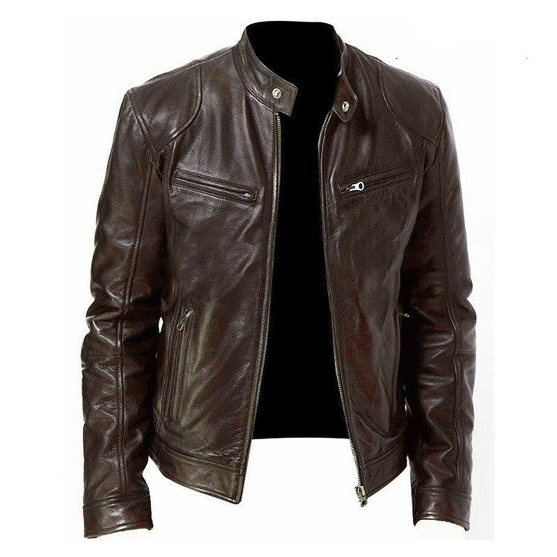 Men's Zip-up Cardigan PU Leather Jacket Fashion Pockets Stand Collar Short Tops Clothing - Image 2