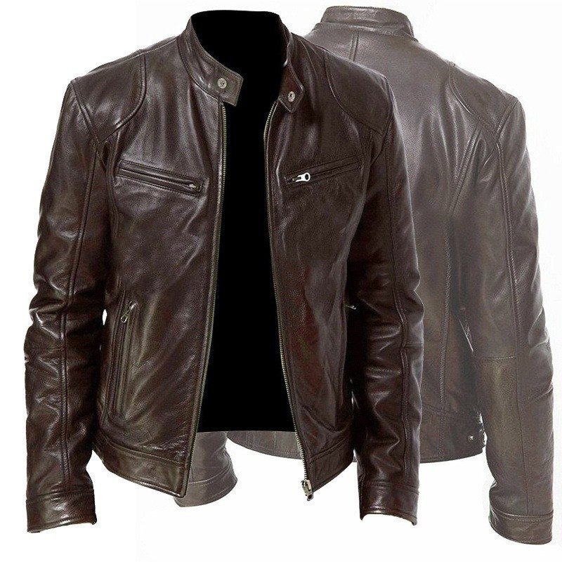 Men's Zip-up Cardigan PU Leather Jacket Fashion Pockets Stand Collar Short Tops Clothing - Image 8