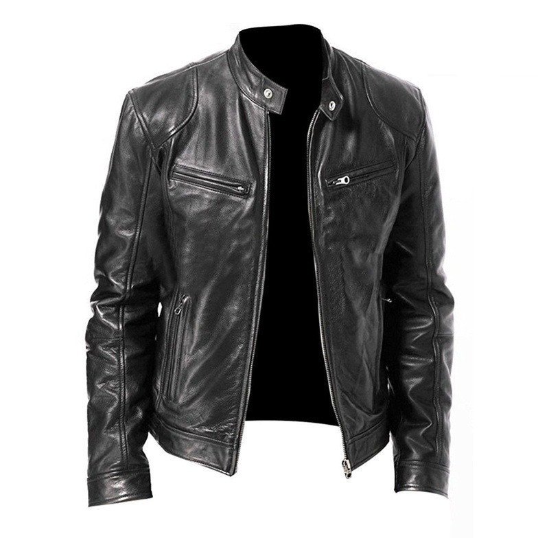 Men's Zip-up Cardigan PU Leather Jacket Fashion Pockets Stand Collar Short Tops Clothing - Image 10
