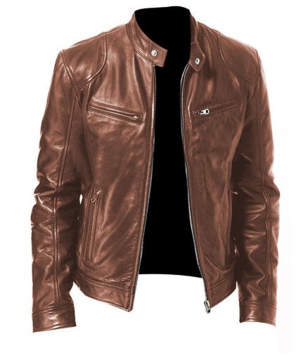 Men's Zip-up Cardigan PU Leather Jacket Fashion Pockets Stand Collar Short Tops Clothing - Image 5